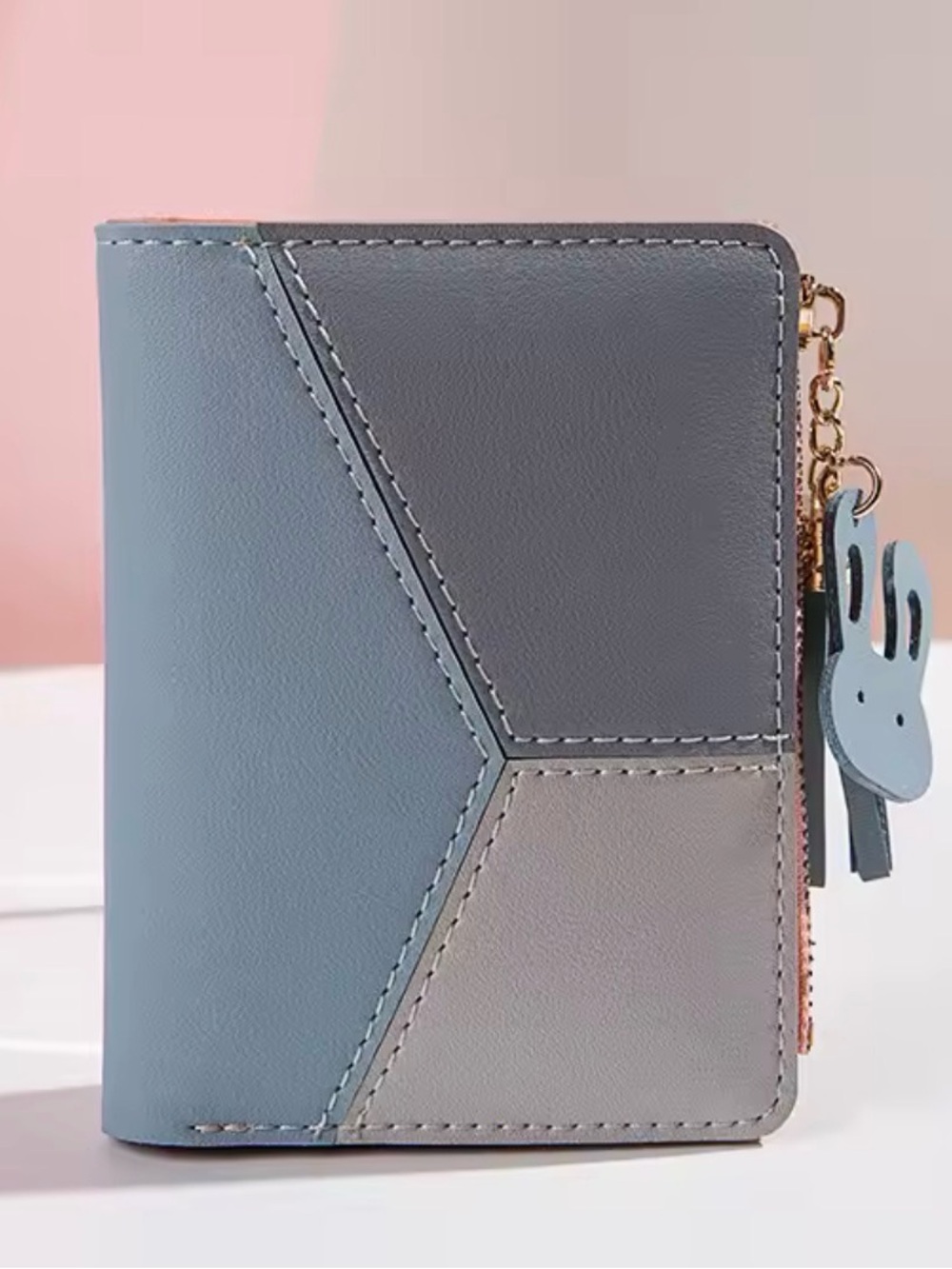Geometric Two-Tone Blue Gray Wallet with Bunny Charm